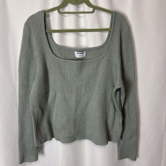 Old Navy Square Neck Crop Sweater Top 2X Gray Blue Ribbed L/S Cozy Cotton Soft - Picture 2 of 7